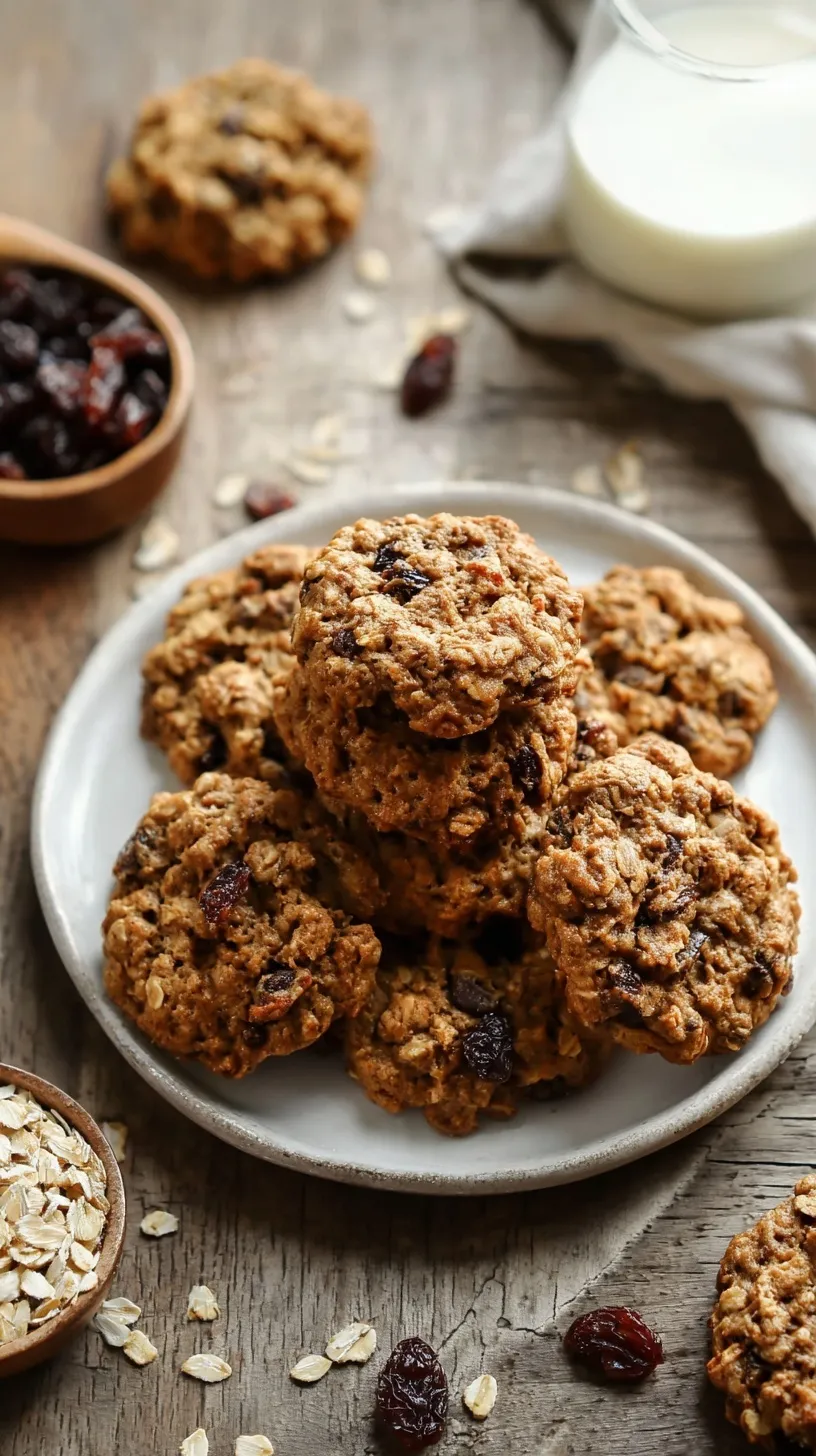 Stack of golden healthy oatmeal cookies on a white plate with scattered oats