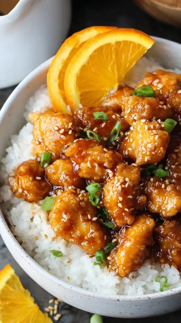 A bowl of Healthy Orange Chicken served over brown rice with green onions and sesame seeds