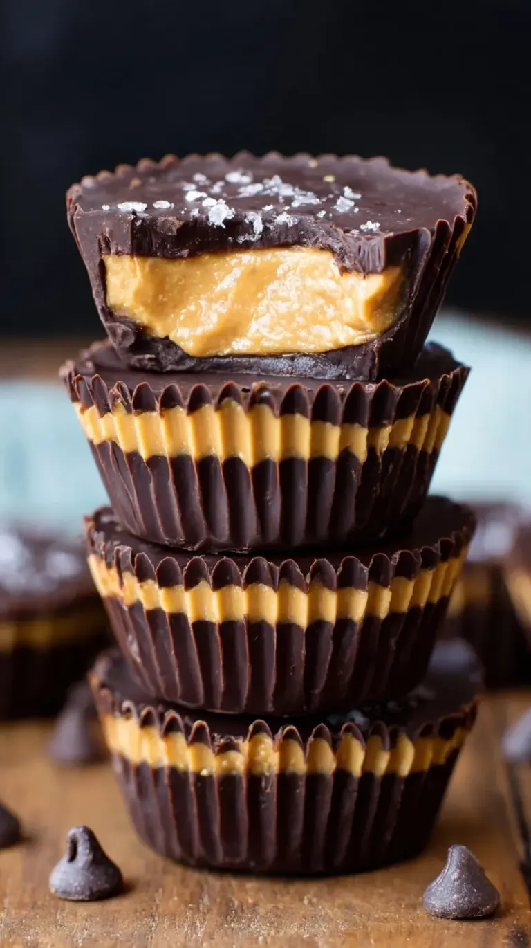 A close up of homemade dark chocolate peanut butter cups with sea salt on top
