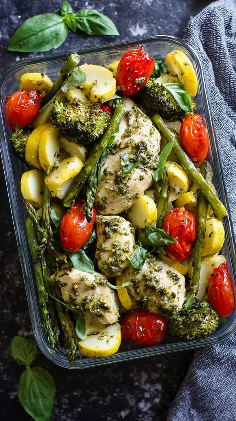 A colorful sheet pan filled with roasted chicken cubes, broccoli, tomatoes, and zucchini tossed in vibrant green pesto.
