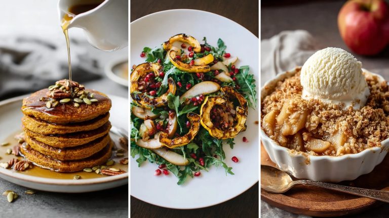 Healthy pumpkin, apple and squash recipes: paleo pumpkin pancakes, roasted delicata squash salad and baked apple crumble