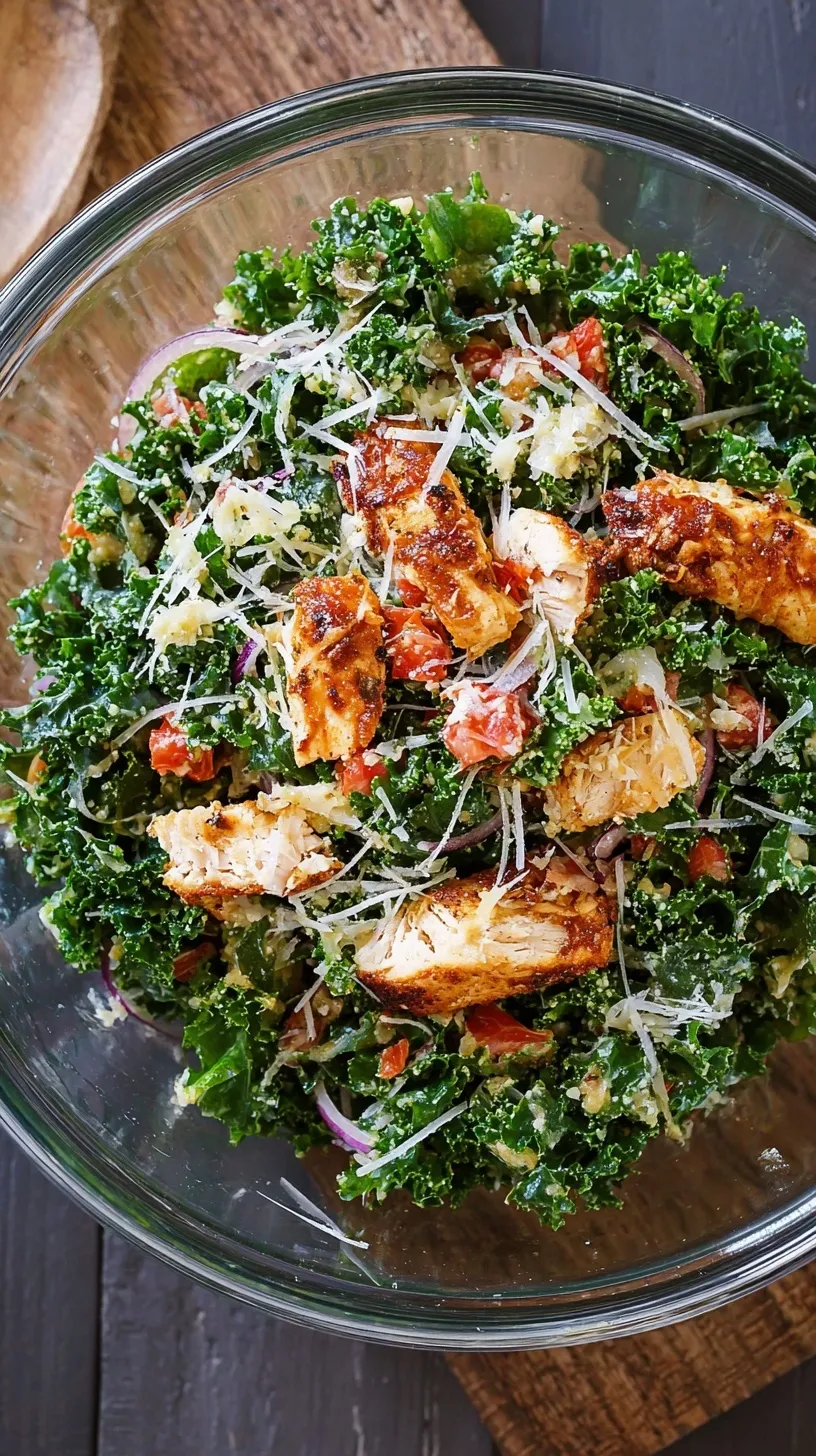 A fresh kale salad topped with sliced roasted chicken, shaved parmesan, and pine nuts in a white bowl.