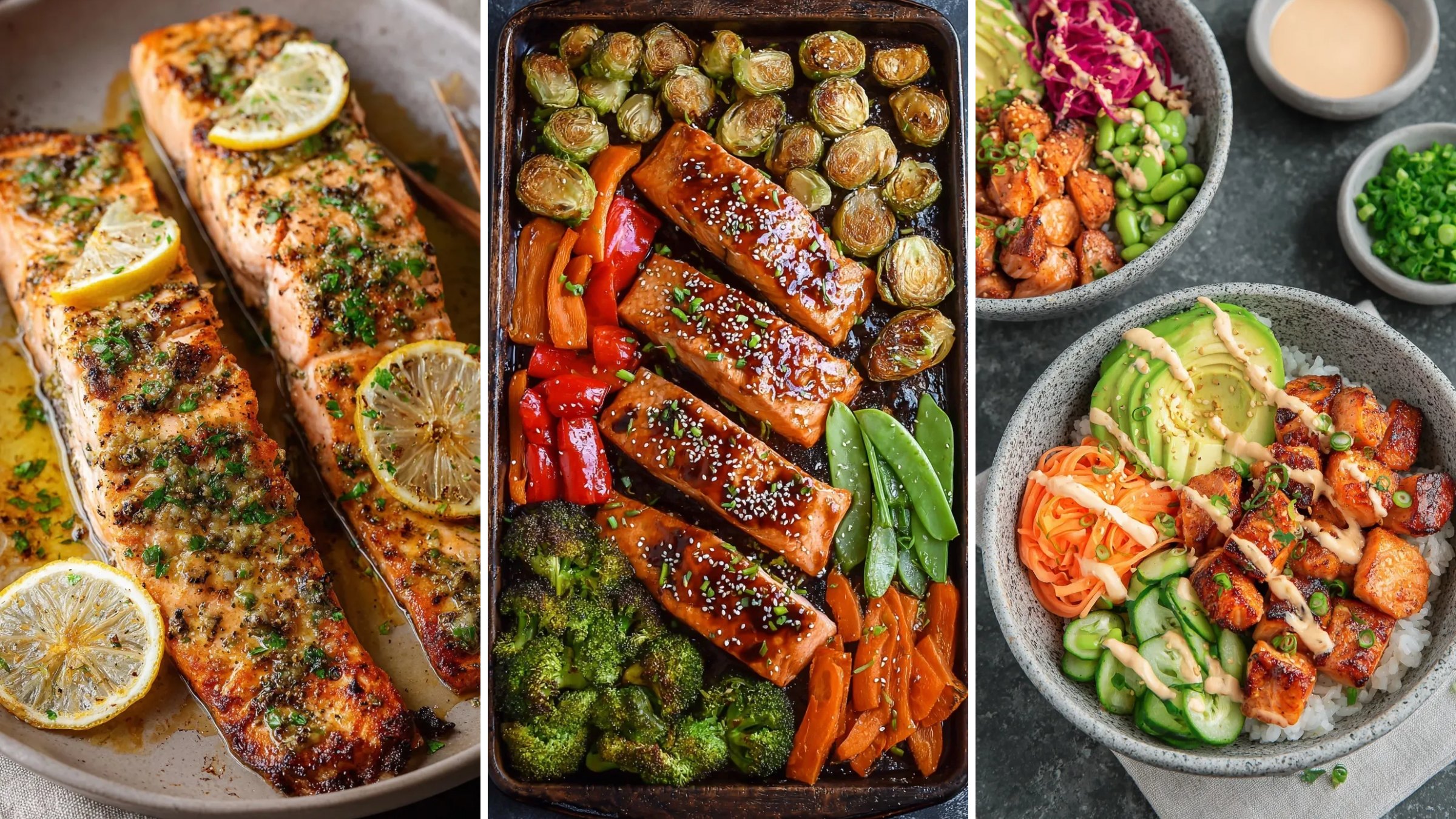 Healthy salmon recipes: garlic butter roasted salmon, sheet pan teriyaki salmon and spicy salmon maki bowls