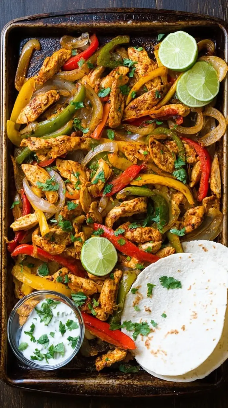 Sizzling healthy sheet pan chicken fajitas with colorful bell peppers and red onions