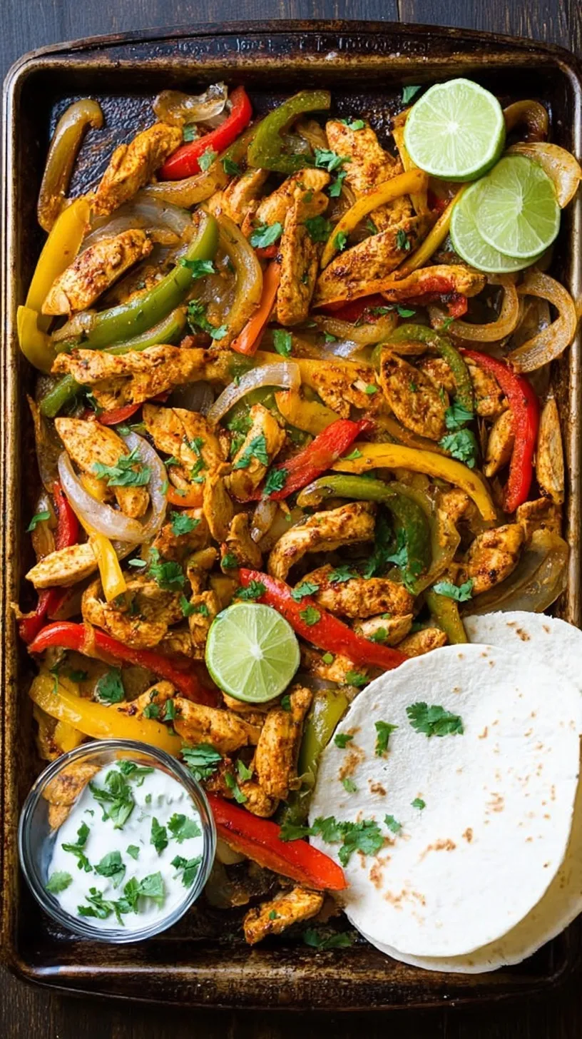 Sizzling healthy sheet pan chicken fajitas with colorful bell peppers and red onions