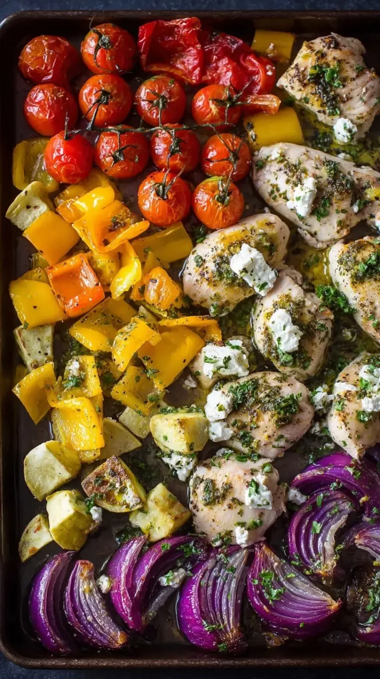 A colorful sheet pan filled with roasted Greek chicken, zucchini, tomatoes, and red peppers topped with feta.
