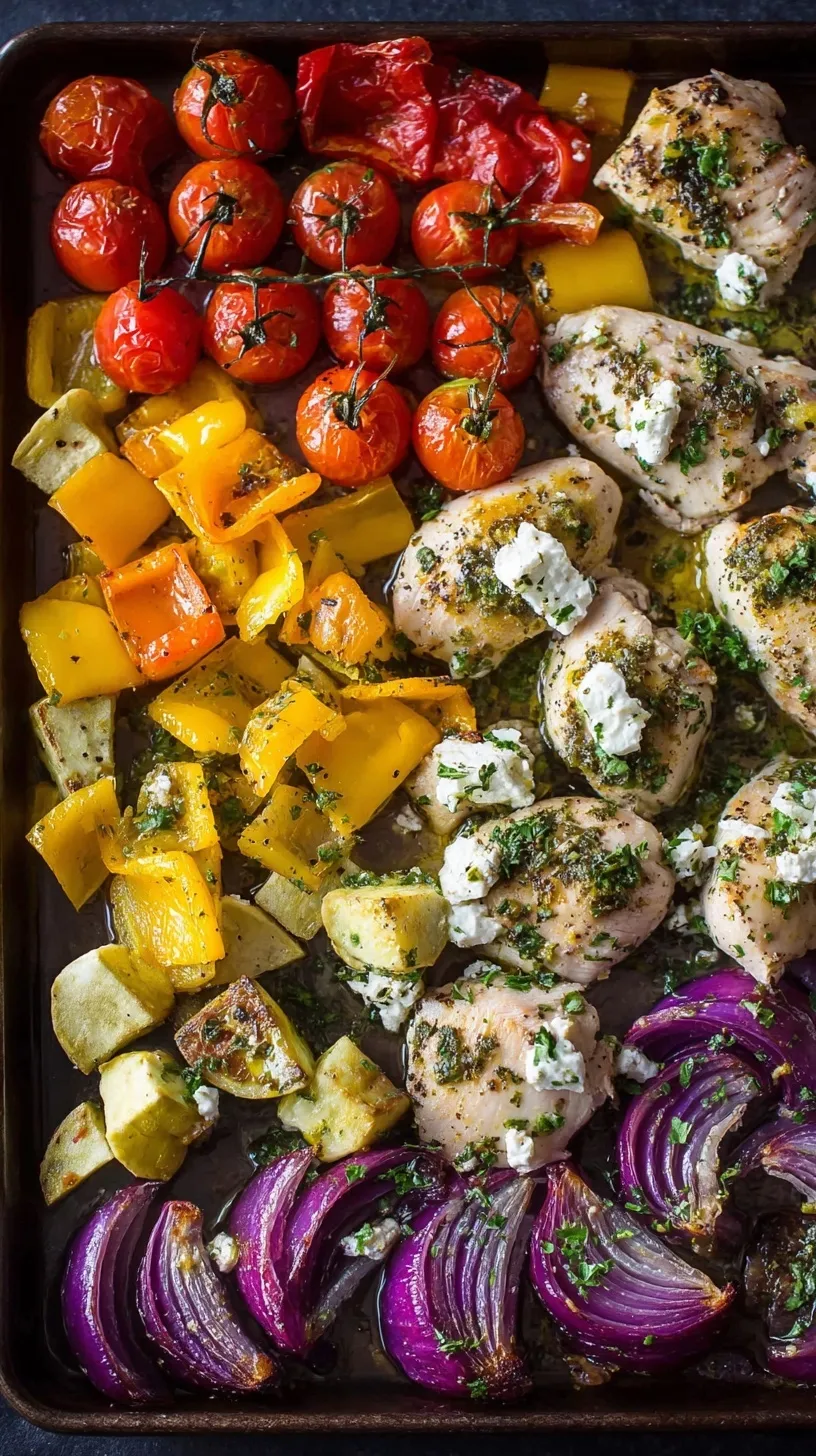 A colorful sheet pan filled with roasted Greek chicken, zucchini, tomatoes, and red peppers topped with feta.