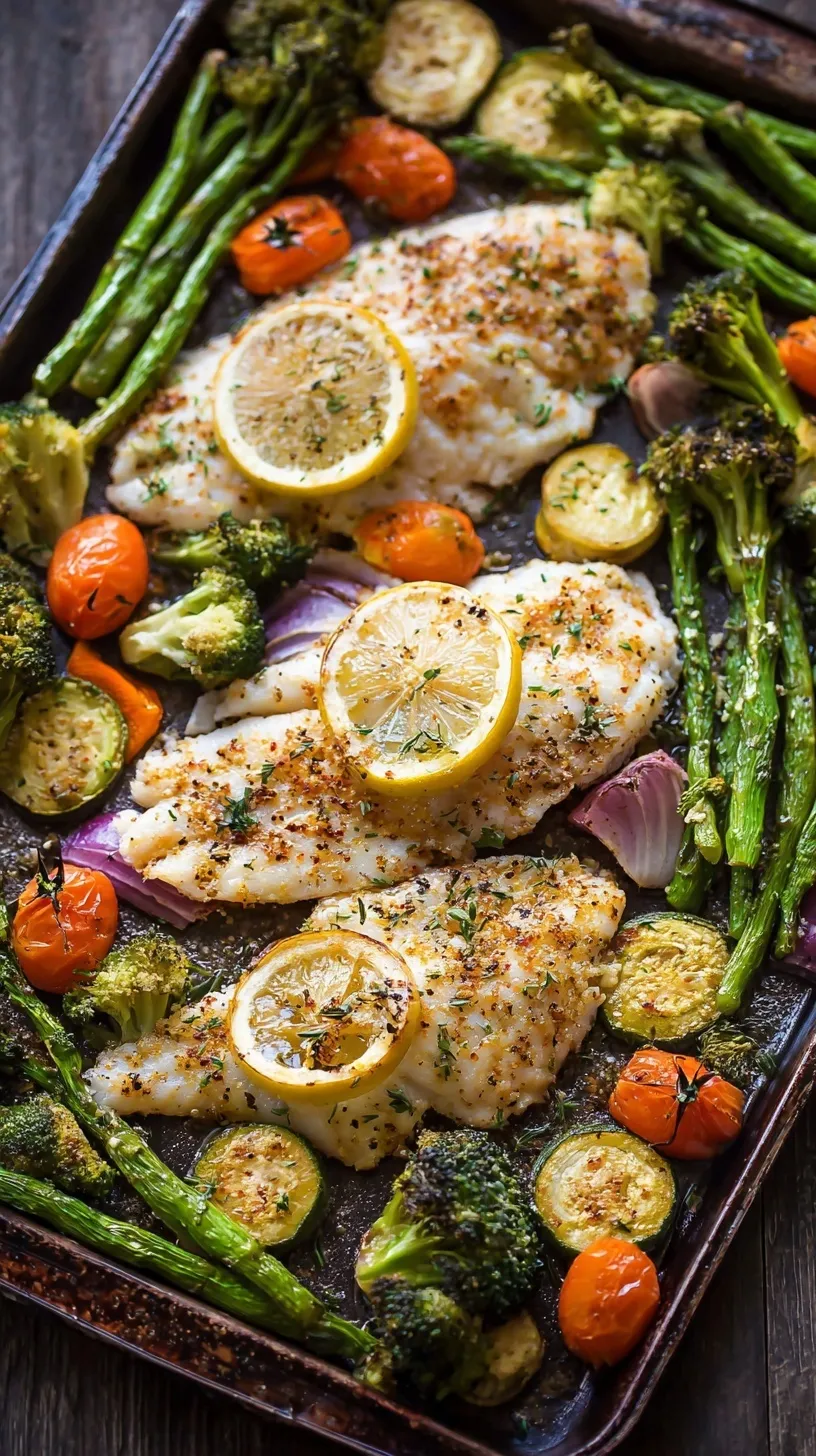 Healthy sheet pan tilapia fillets with roasted broccoli, red bell peppers, and cherry tomatoes