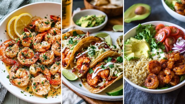 Quick healthy shrimp recipes: garlic butter shrimp, shrimp tacos with slaw and shrimp avocado quinoa bowls