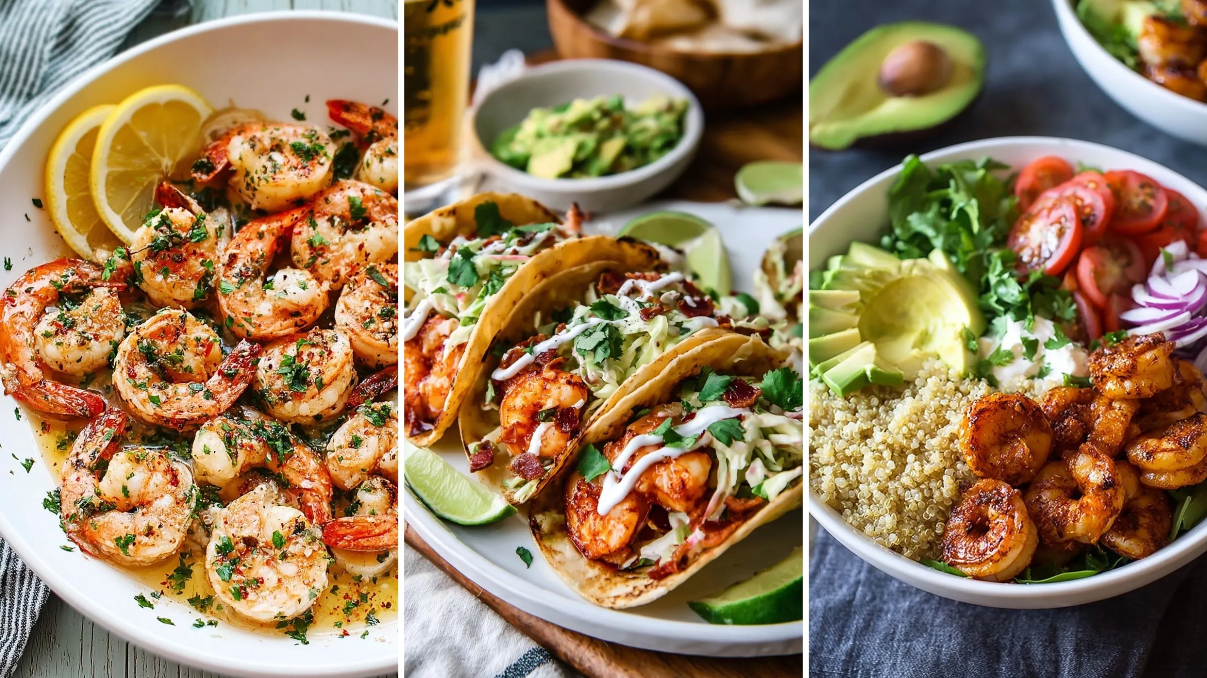 Quick healthy shrimp recipes: garlic butter shrimp, shrimp tacos with slaw and shrimp avocado quinoa bowls