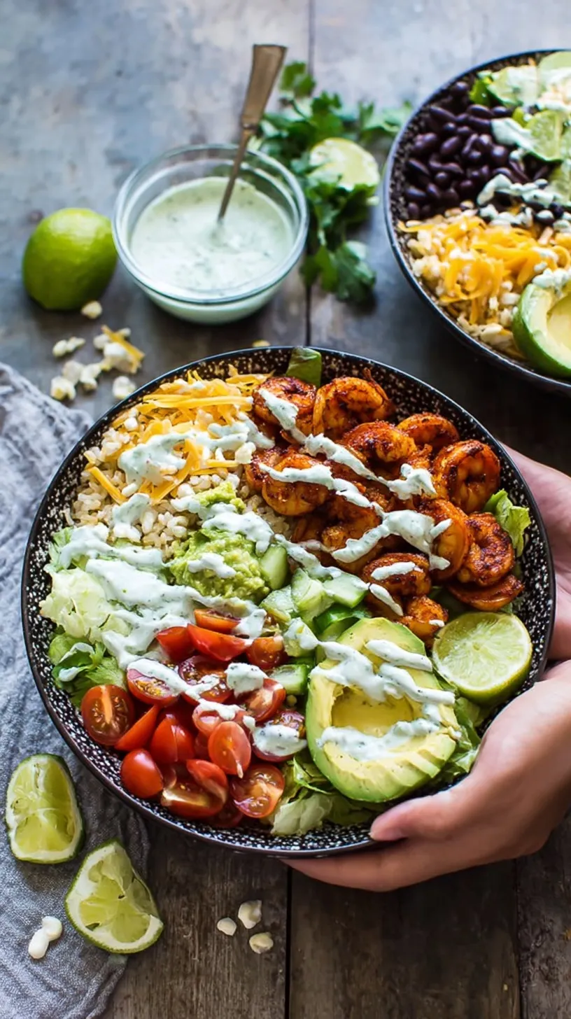 A colorful healthy shrimp taco bowl with avocado, corn, beans, and cilantro sauce