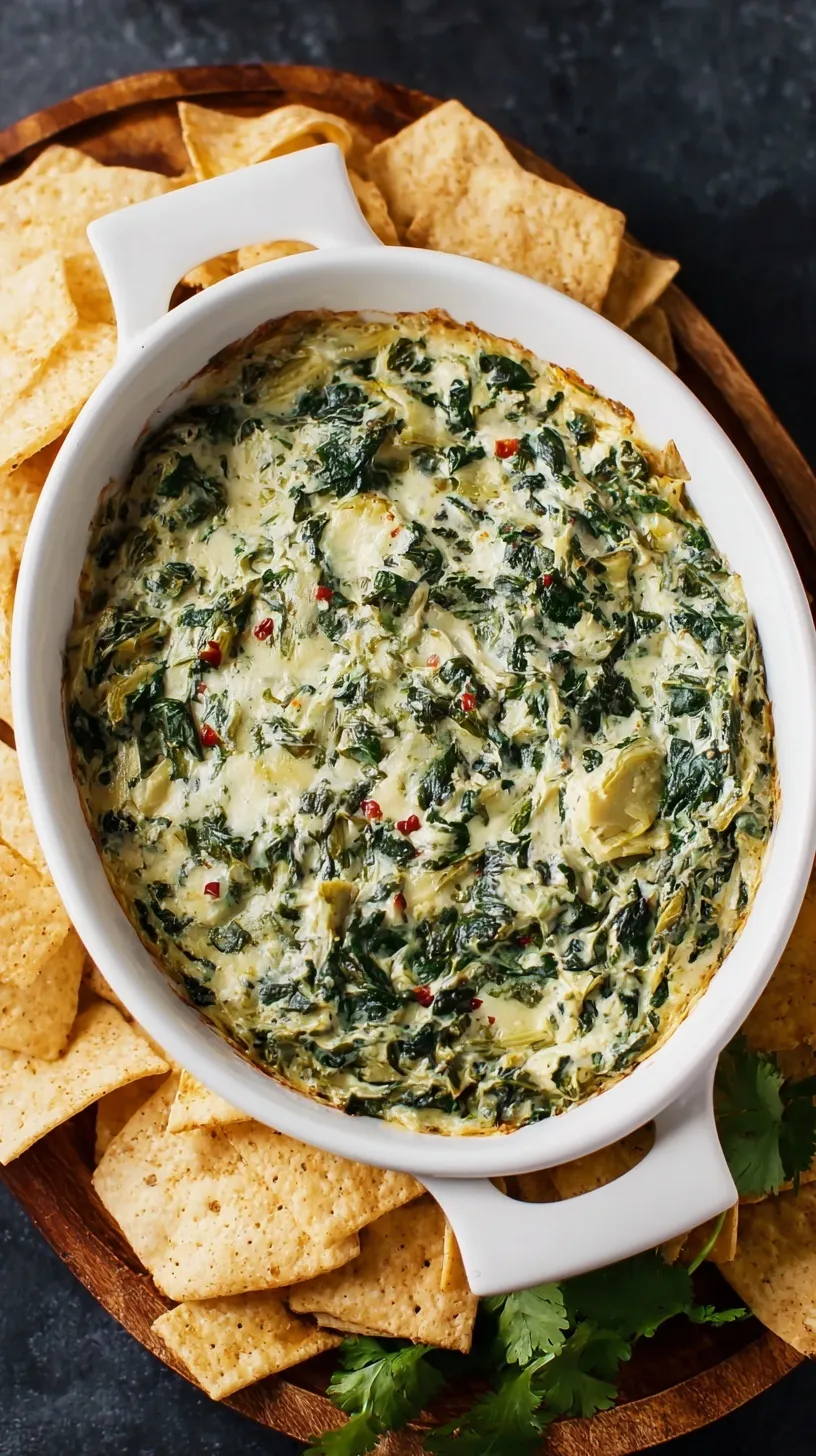 Healthy vegan spinach artichoke dip in a bowl surrounded by crackers and vegetables