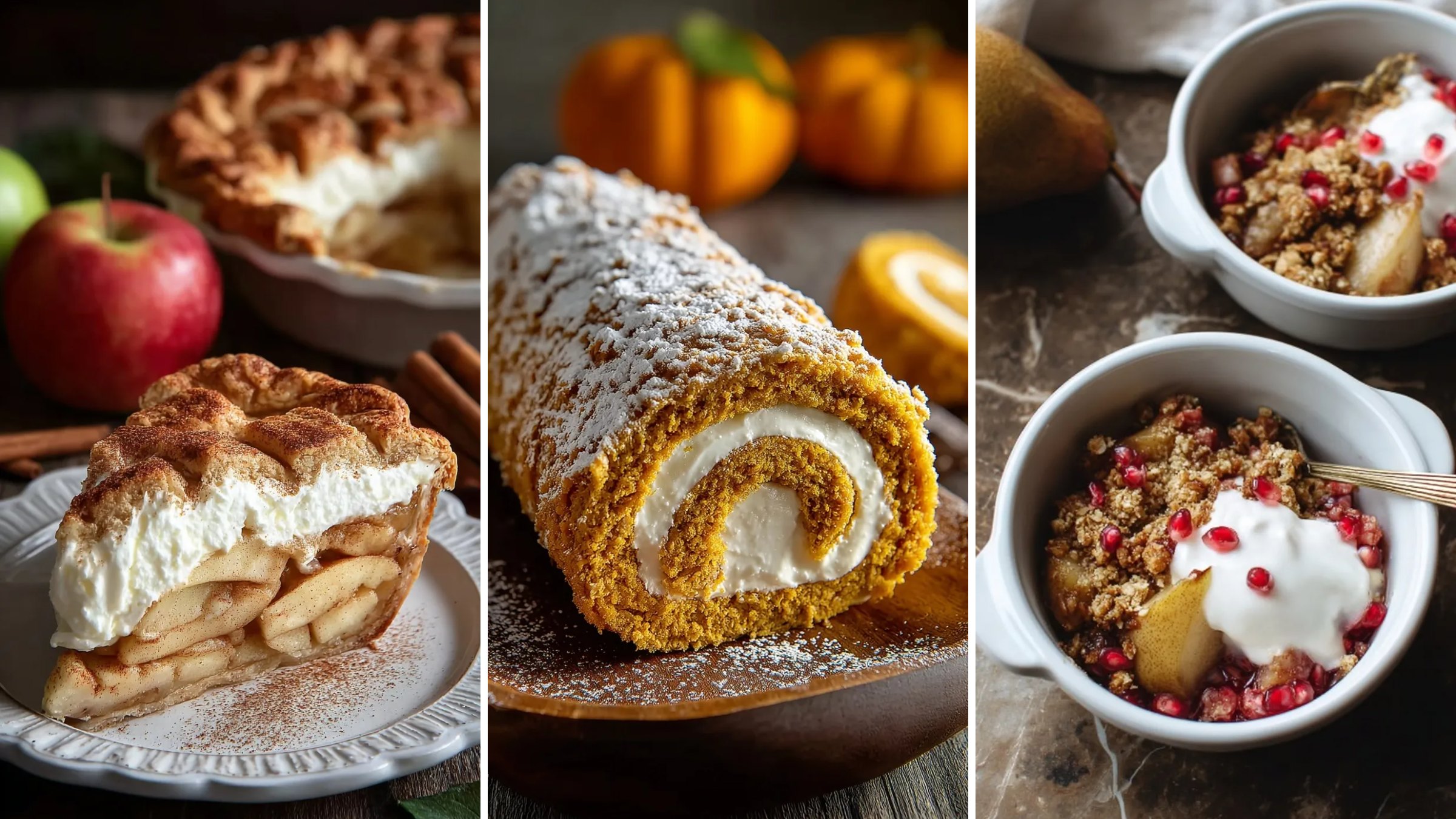 Healthier Thanksgiving desserts: apple pie, pumpkin roll and pear pomegranate crumble