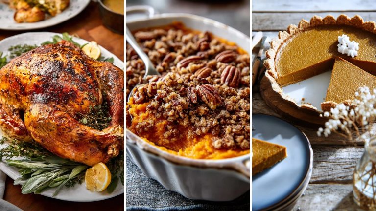 Healthy Thanksgiving menu with herb roast turkey, pecan sweet potato casserole and pumpkin pie