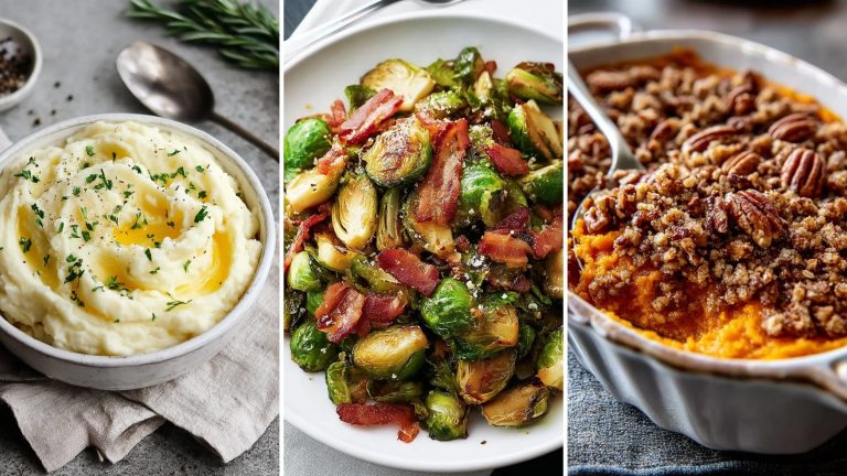 Healthy Thanksgiving side dishes: mashed potatoes, balsamic bacon Brussels sprouts and sweet potato casserole