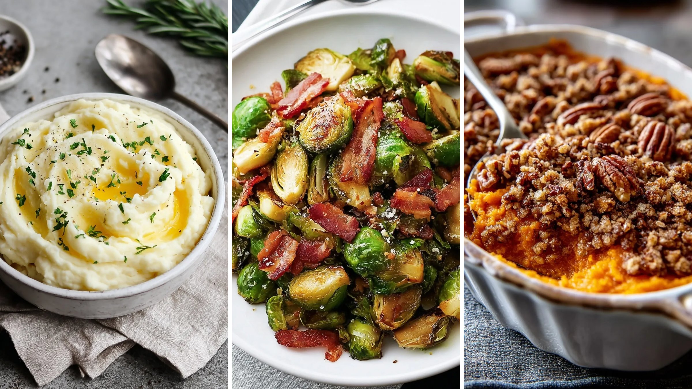 Healthy Thanksgiving side dishes: mashed potatoes, balsamic bacon Brussels sprouts and sweet potato casserole