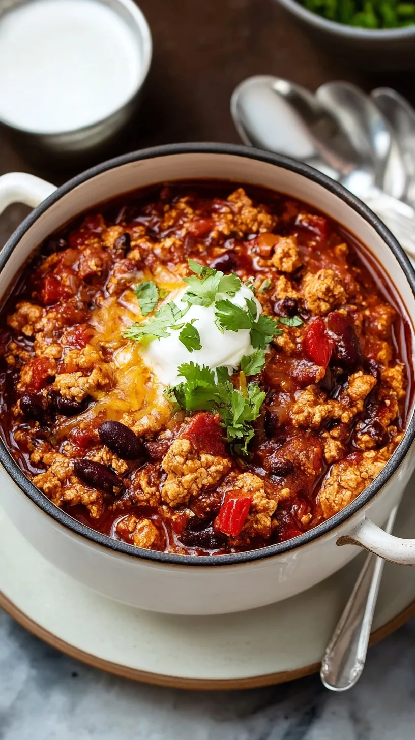 Bowl of healthy turkey chili topped with avocado and cilantro on wooden table