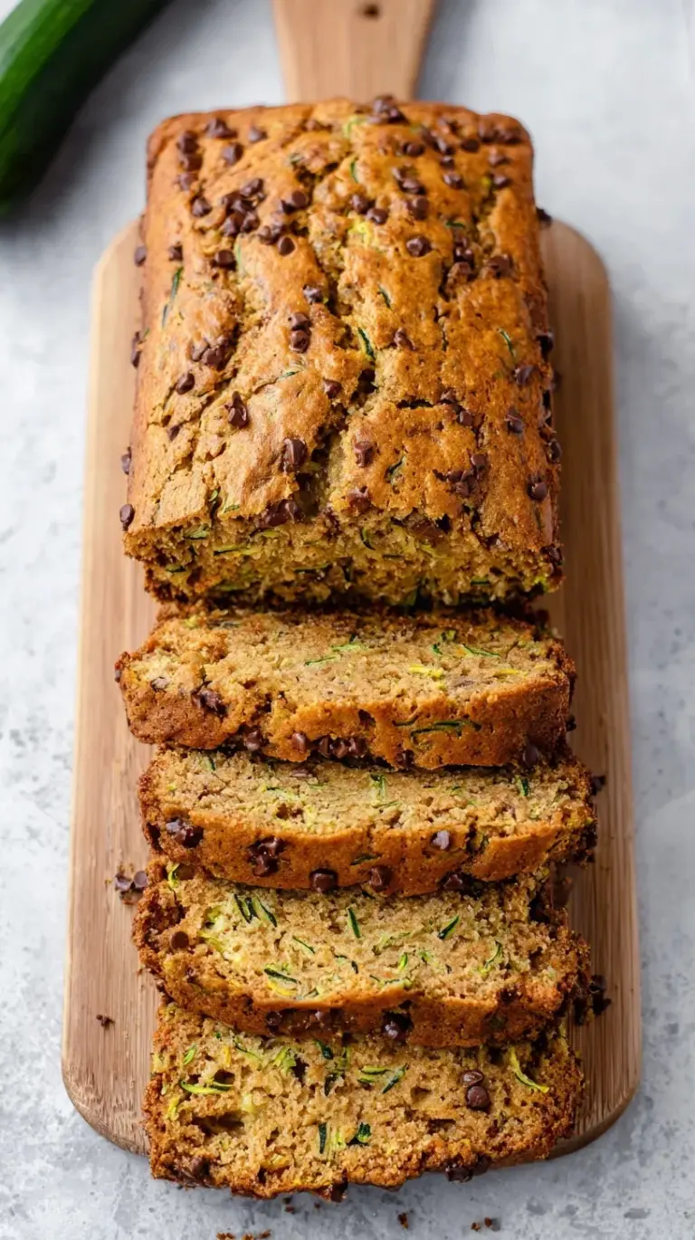 A sliced loaf of moist healthy zucchini bread on a wooden board with fresh zucchini nearby