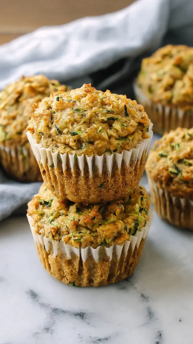 A stack of golden brown healthy zucchini muffins on a wire cooling rack