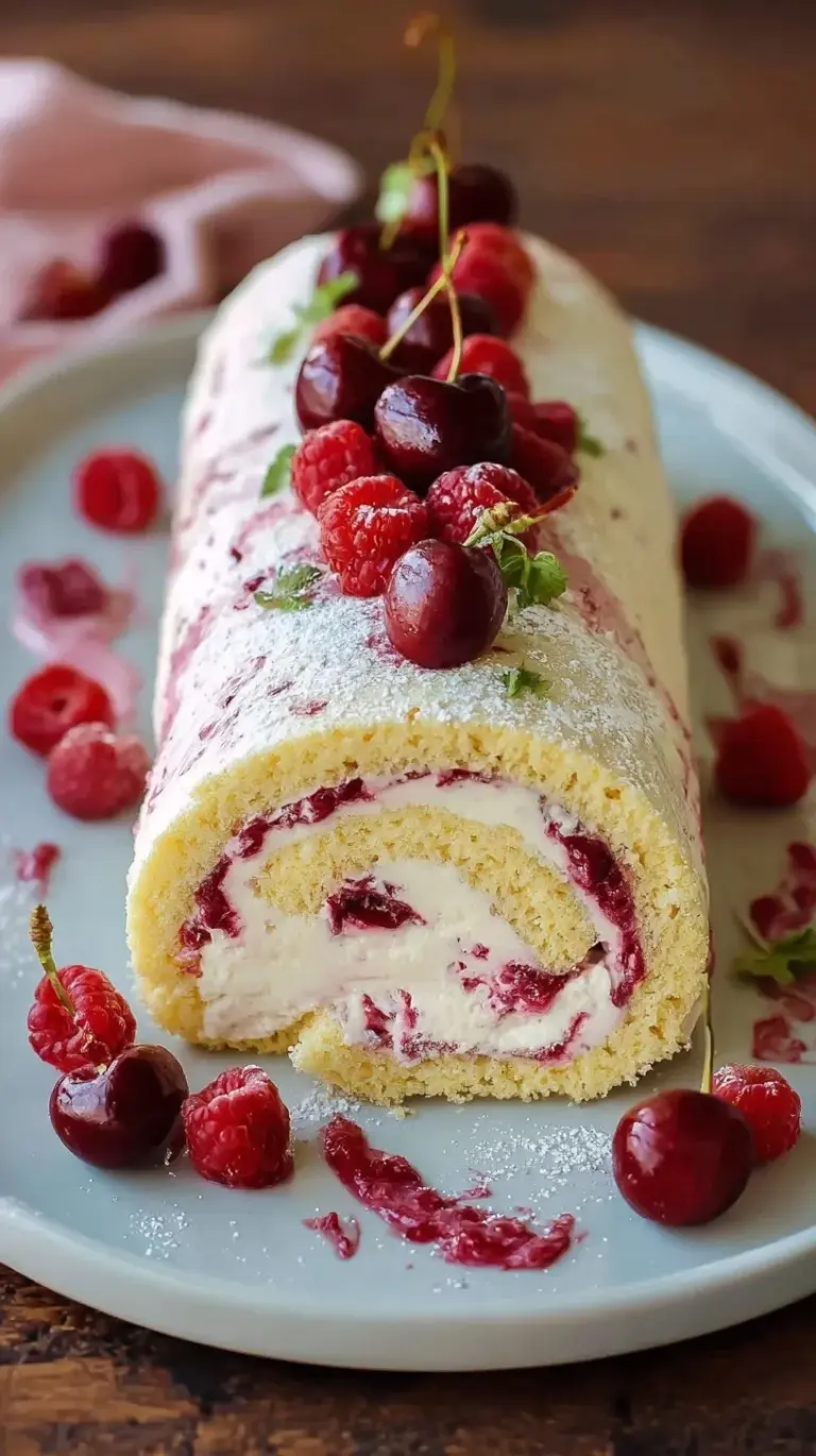 A beautiful cherry cheesecake cake roll sliced on a white platter with powdered sugar dusting.