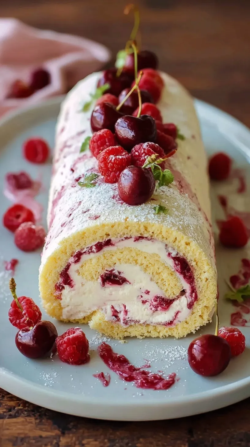 A beautiful cherry cheesecake cake roll sliced on a white platter with powdered sugar dusting.
