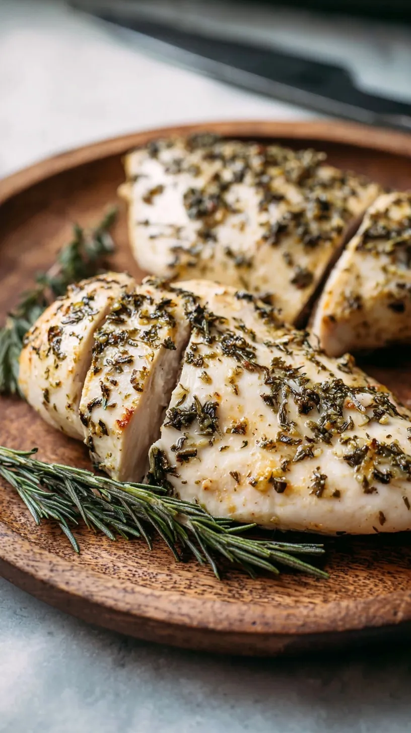 Golden brown Herb Baked Chicken Breast garnished with fresh herbs on a baking sheet, ready to serve.