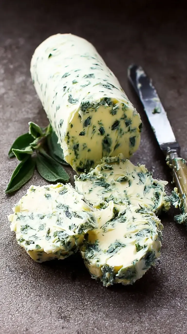 A roll of herb compound butter sliced into coins on a wooden board with fresh herbs