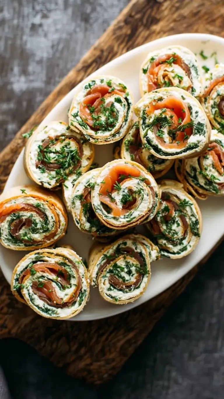 Smoked salmon pinwheels with green spinach and white goat cheese on a platter