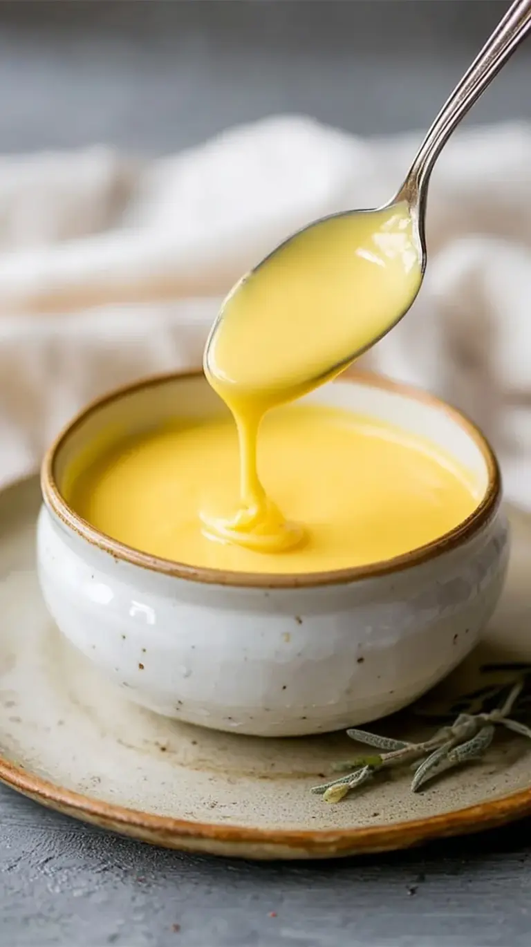 A small glass bowl filled with silky, pale yellow hollandaise sauce garnished with a pinch of cayenne pepper.