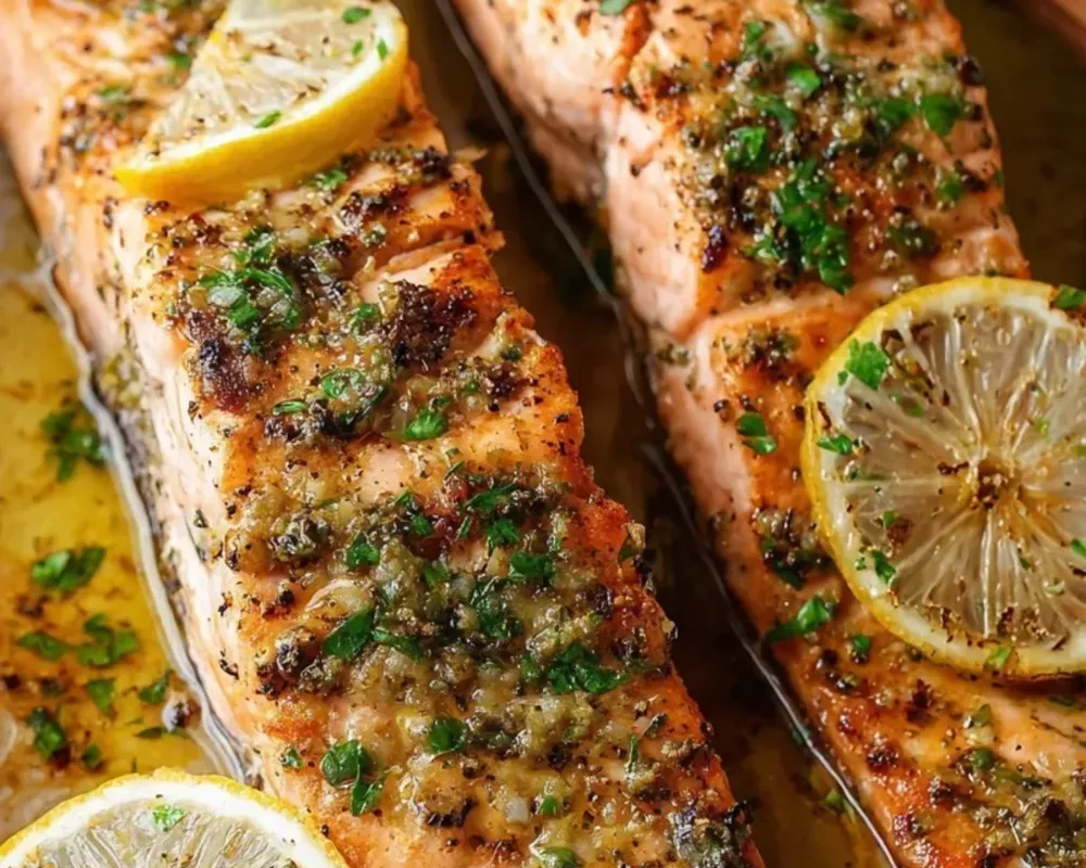 Garlic butter roasted salmon, a quick healthy dinner from The Gentle Bite