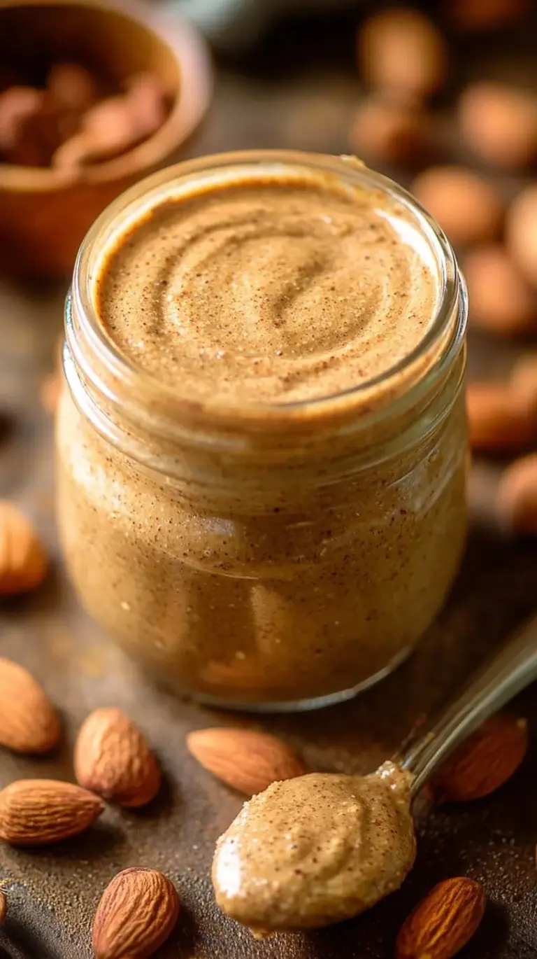 A glass jar filled with smooth, creamy homemade almond butter next to a bowl of roasted almonds.