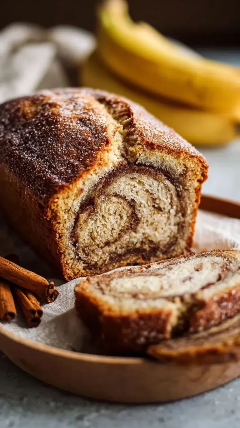A sliced loaf of cinnamon swirl banana bread showing the dark cinnamon ripple inside.