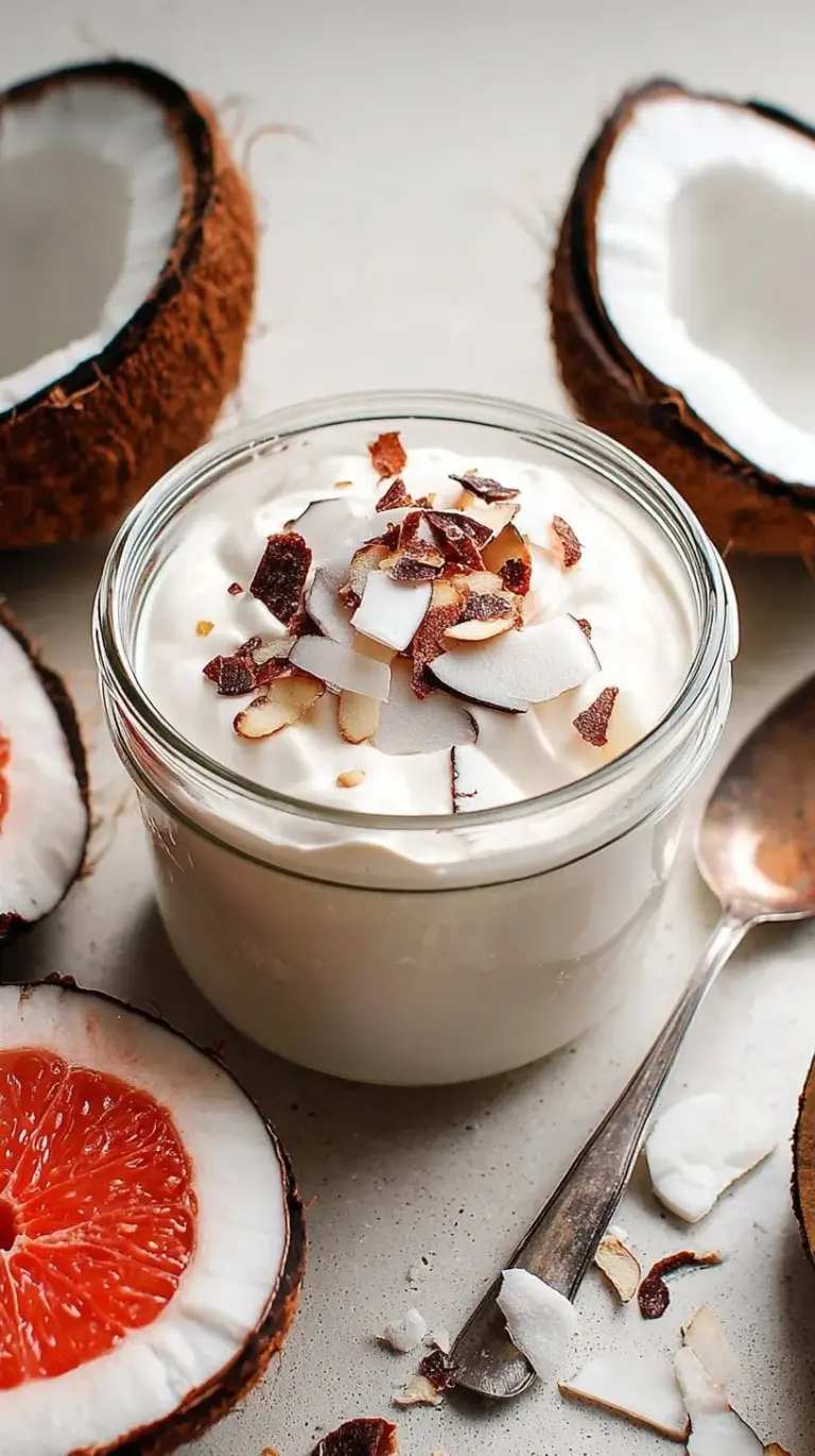 A glass jar of thick white homemade coconut yogurt topped with fresh berries and granola