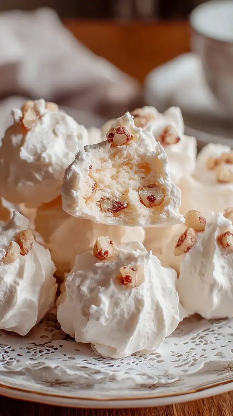 A pile of white, fluffy Homemade Divinity Candy topped with chopped pecans on a festive plate.