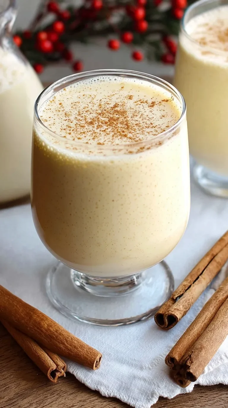 Glass of creamy homemade eggnog topped with nutmeg and cinnamon sticks on a festive holiday table