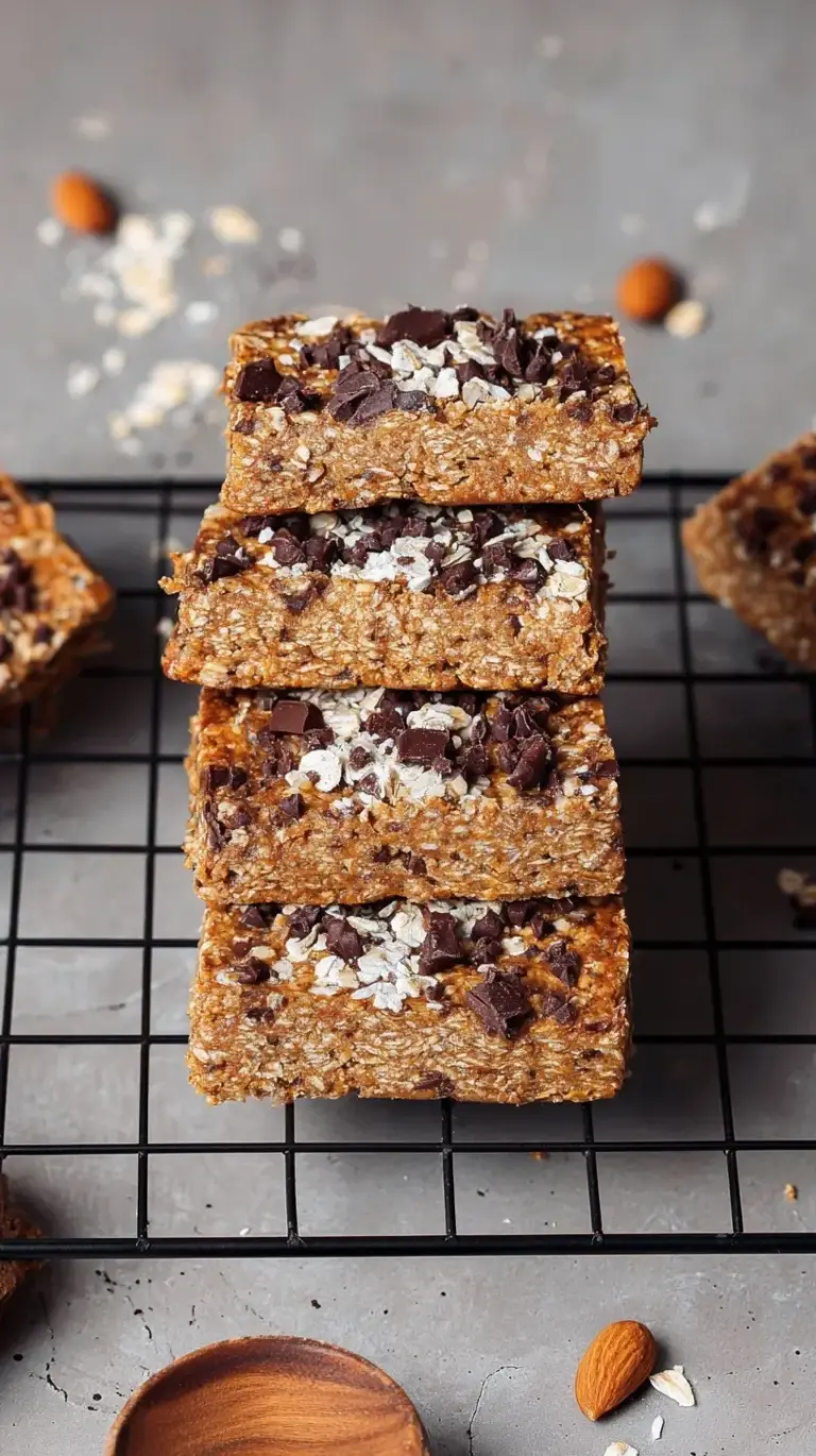 A stack of rectangular homemade protein bars with dark chocolate chips on parchment paper