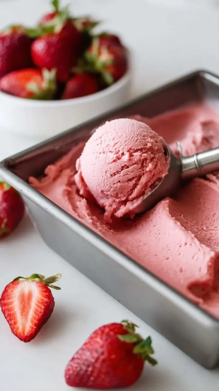 A scoop of creamy pink strawberry frozen yogurt in a white bowl with fresh strawberries nearby.