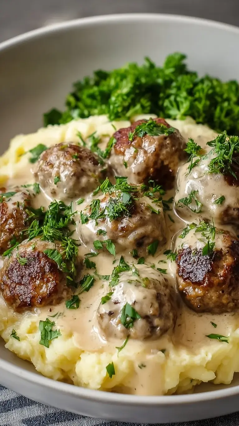 A skillet of golden-brown Swedish meatballs smothered in a creamy brown gravy, garnished with fresh herbs.