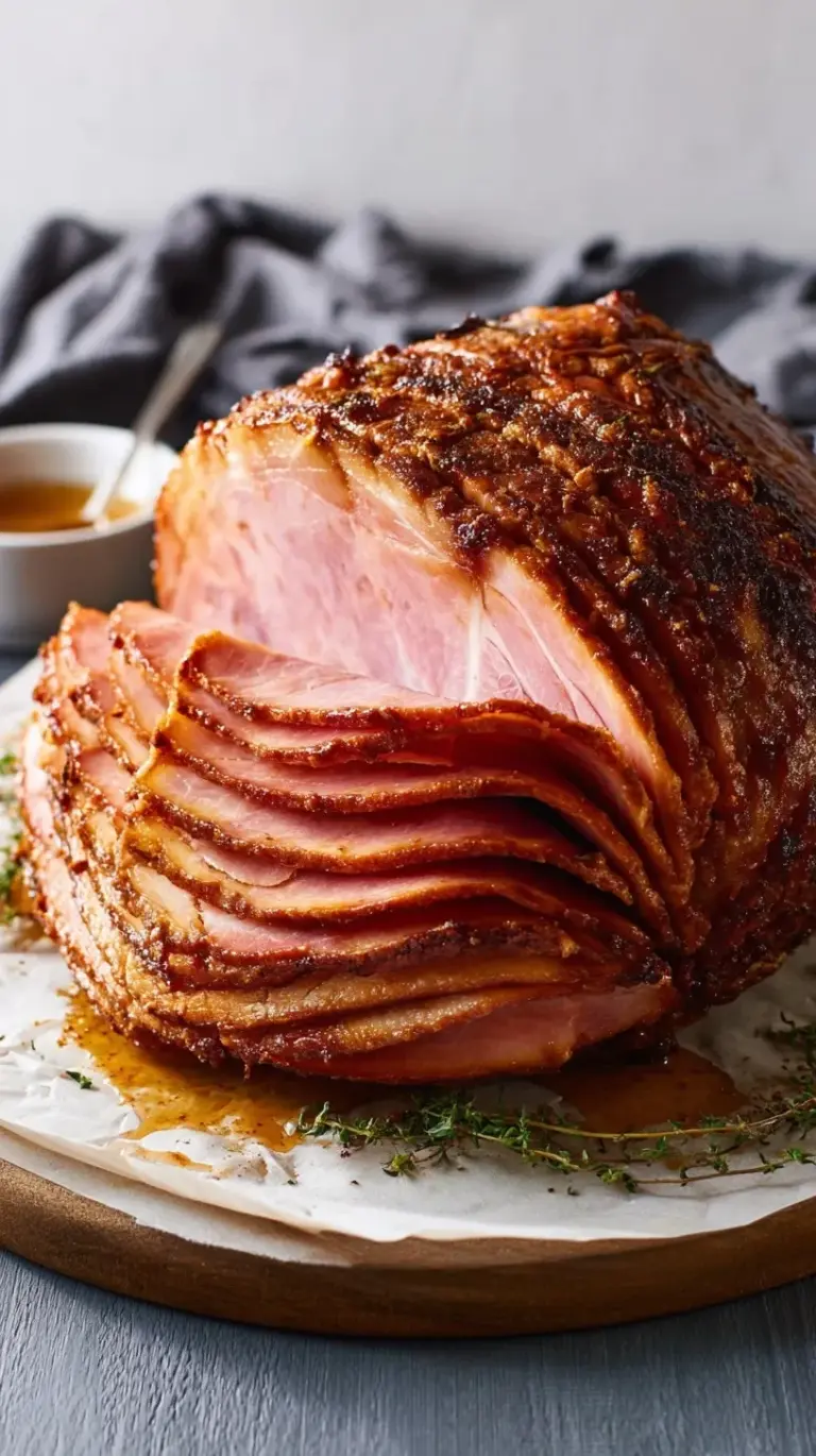 A beautifully glazed, golden brown Honey Baked Ham, scored and ready for carving, garnished with fresh herbs on a festive platter.