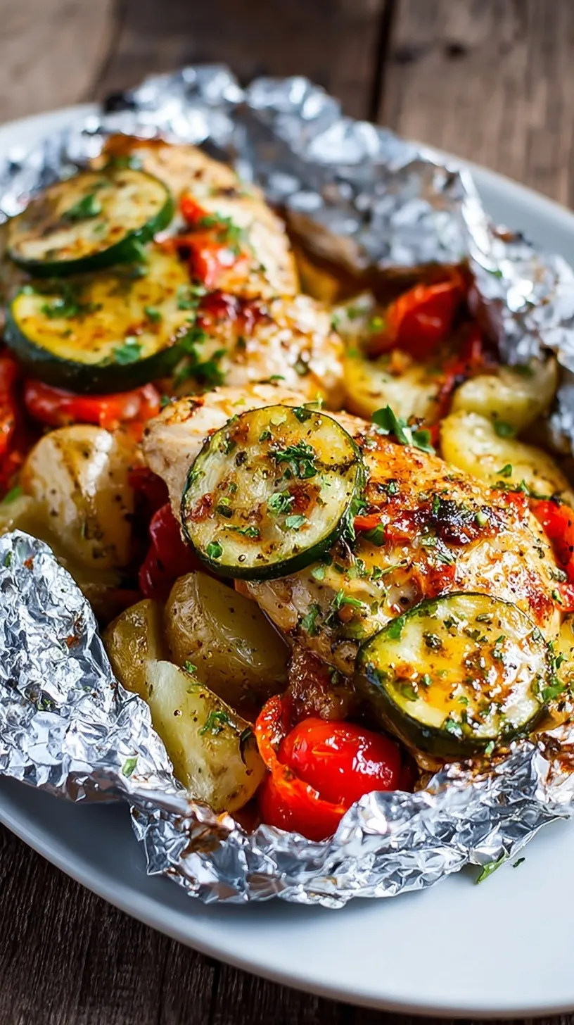 Four aluminum foil packets opened to reveal glazed chicken, red potatoes, broccoli, and carrots.