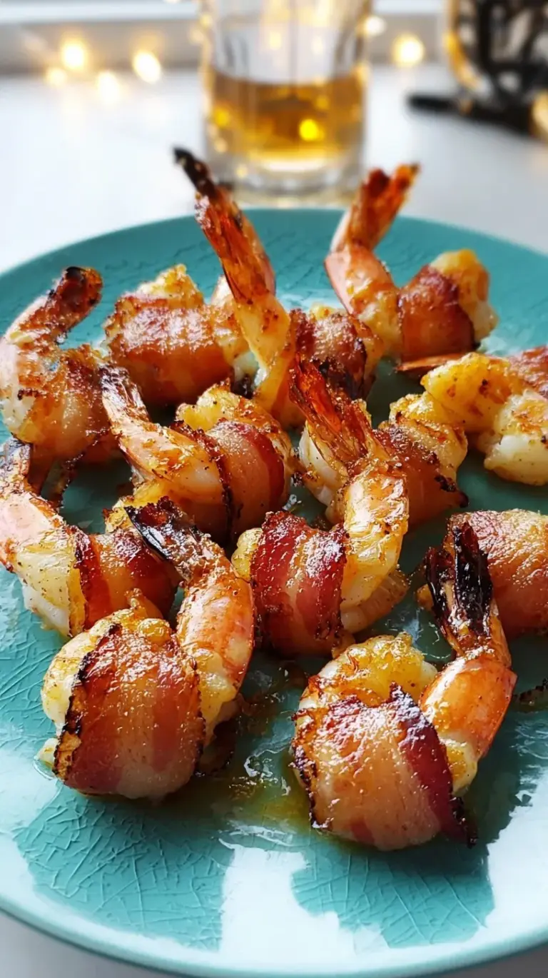 A platter of golden brown honey garlic bacon wrapped shrimp garnished with fresh parsley on a wire rack.