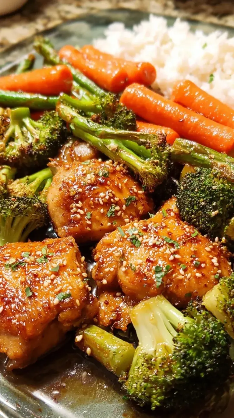 A colorful pan of honey garlic chicken and veggies with broccoli and peppers