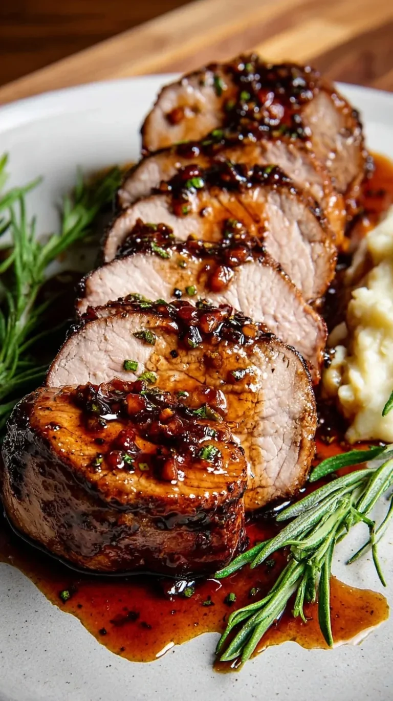 Sliced honey garlic pork tenderloin on a white platter with fresh herbs and caramelized glaze