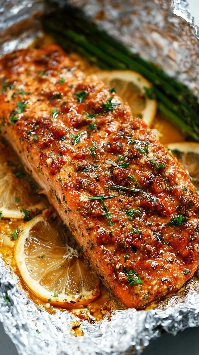 Flaky honey garlic salmon fillets garnished with lemon slices and parsley inside a foil packet
