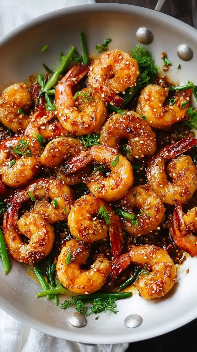 A close-up of golden-brown honey garlic shrimp garnished with fresh parsley, served in a skillet.