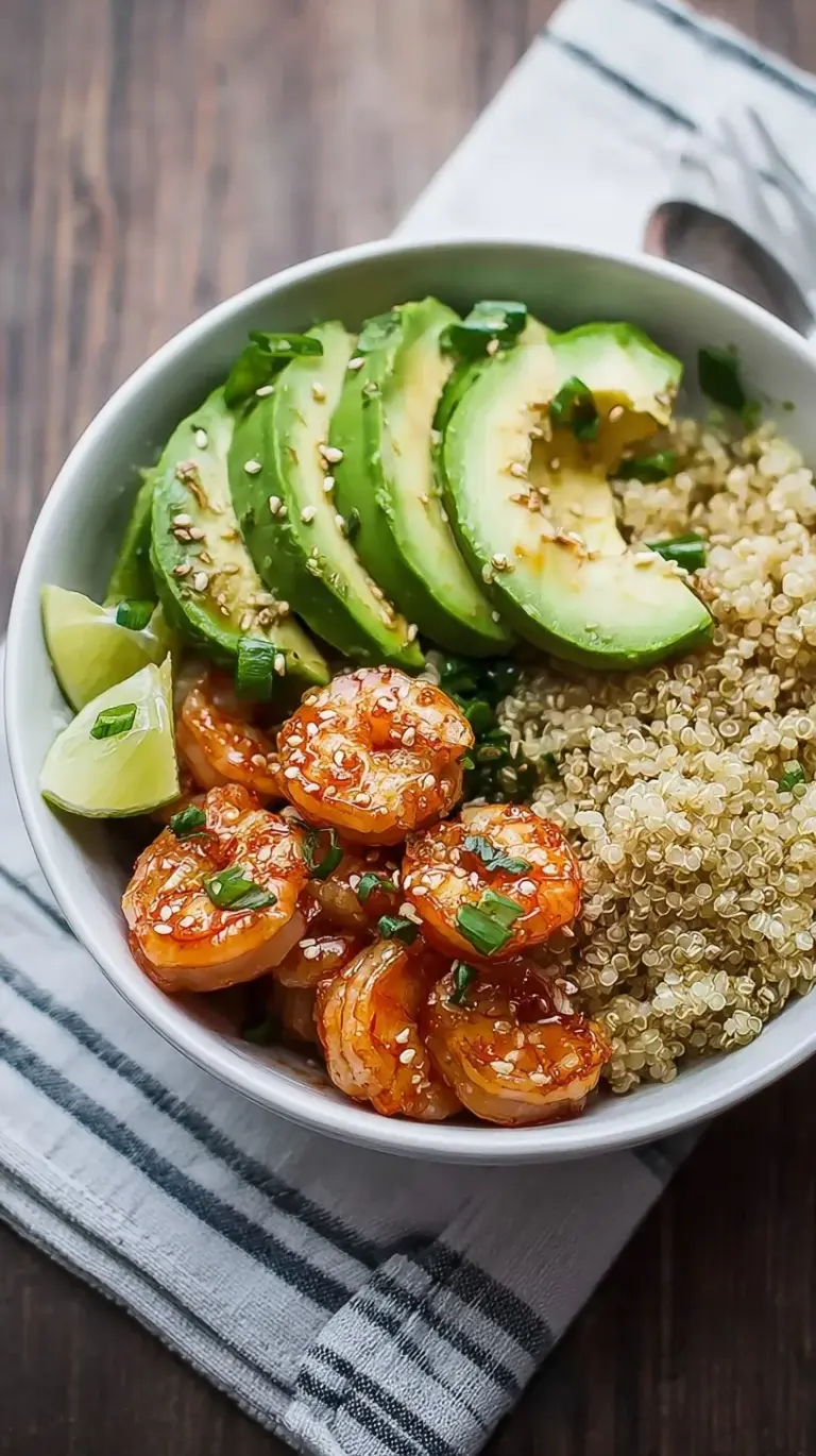 A vibrant honey garlic shrimp bowl with sliced avocado, diced cucumber, and fluffy quinoa on a white plate.