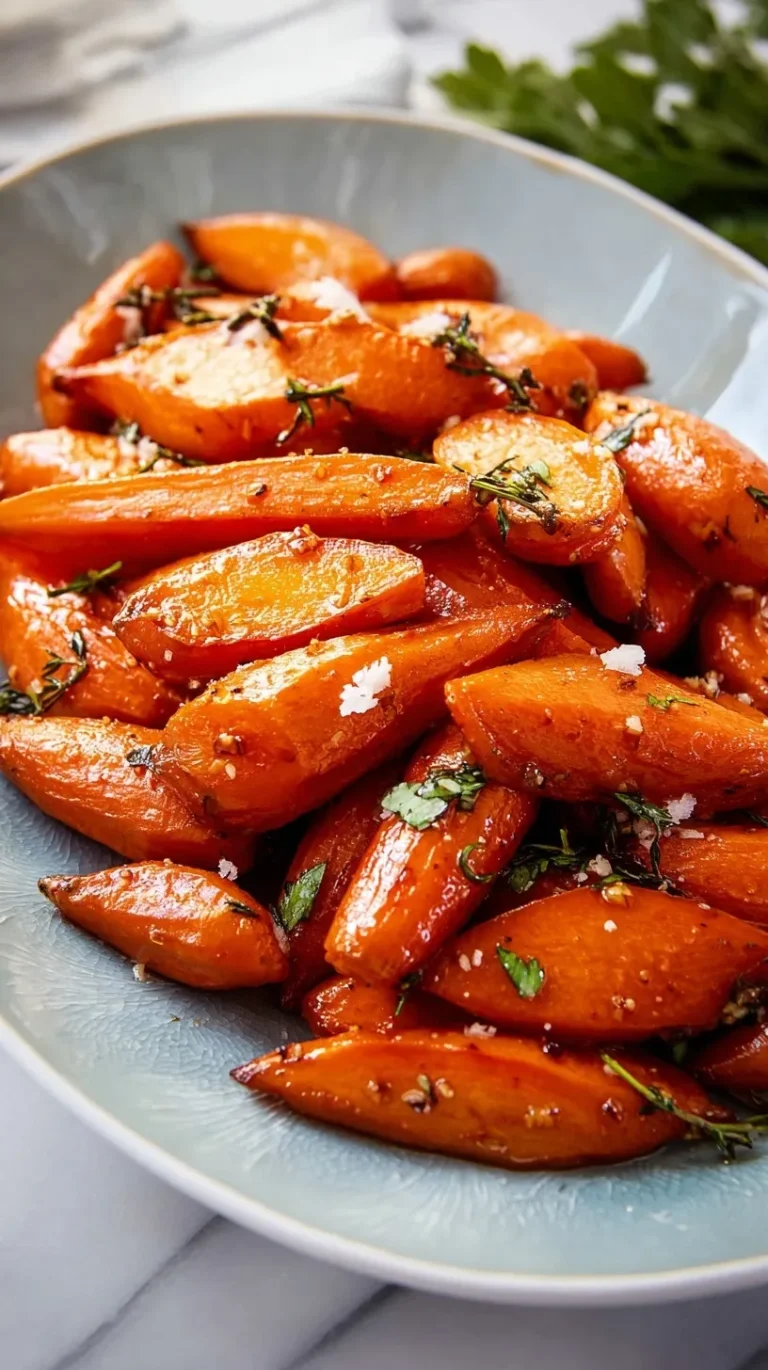 Honey glazed carrots in a white serving dish with fresh herbs and melted butter glaze
