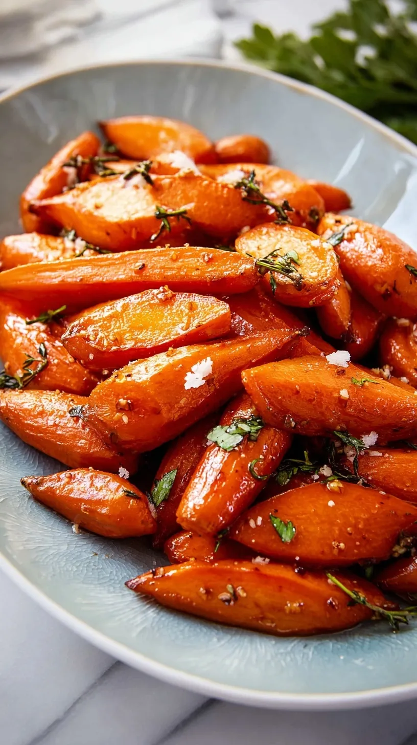 Honey glazed carrots in a white serving dish with fresh herbs and melted butter glaze