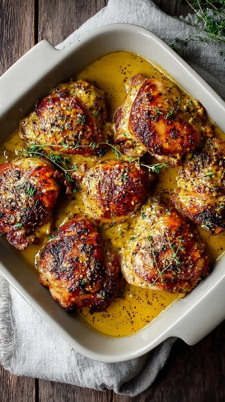 Close-up of golden-brown Honey Mustard Chicken breasts garnished with fresh parsley on a white plate.