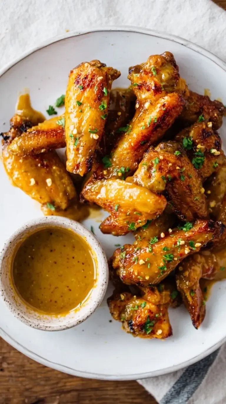A platter of golden brown honey mustard chicken wings garnished with fresh herbs.